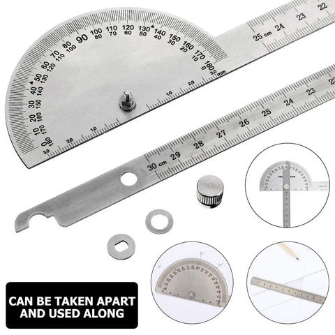 Stainless Steel 2 In 1 Ruler And Protractor For Woodworking Angles And Lengths Measuring Tool 0 To 180 Degree Protractor, 12 Inch Sliding Scale Plus 25 Cm Fixed Ruler, Handy Dual Measuring Combo with included accessories