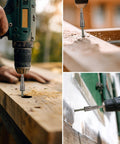 Heavy Duty Hex Drive Wood Screws Eight Inches Long Structural Lag Bolts Green Corrosion Shield Coating in use while drilling wood.