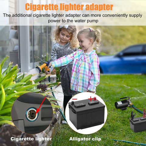 Children using 12V Water Transfer Pump One Tenth HP 330 GPH With Three Quarter Inch Ports outdoors, battery and cigarette lighter shown