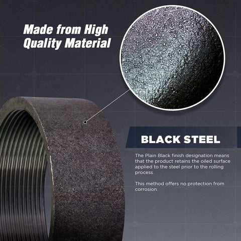 Beefy 1-1/2 Inch Female Half Coupling In Merchant Steel With Black Finish And Straight Tapped Thread, Go-To Pipe Fitting For Plumbing Projects, 1-1/2 Inch Female Connector, ANSI And ASTM Compliant, black steel threaded end