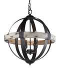 Boss Look Black Aspen Wrought Iron Globe Wood Four Light Chandelier With 20 Inch Shade And 22.5 Inch Height Distressed Wood And Black Finish