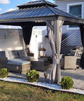 10 By 12 Foot Hardtop Gazebo With Rugged Aluminum Frame And Galvanized Steel Double Roof, Outdoor Pavilion With Curtains And Netting For Patio, Backyard, Lawn, Gray