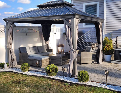 10 By 12 Foot Hardtop Gazebo With Rugged Aluminum Frame And Galvanized Steel Double Roof, Outdoor Pavilion With Curtains And Netting For Patio, Backyard, Lawn, Gray