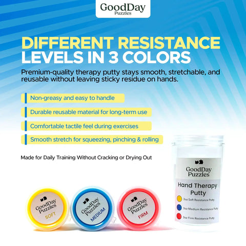 Hand Therapy Putty 3 Piece Set For Grip Strength, Stress Relief And Sensory Therapy For Adults with 3 resistance levels