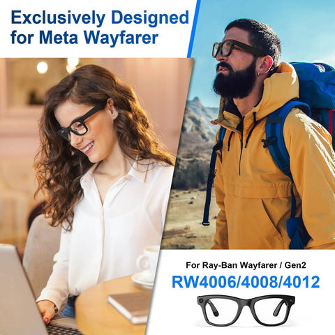 Woman indoors and man outdoors wearing Ray-Ban Meta Wayfarer Gen 2 glasses with silicone nose pads for stable fit and comfort.