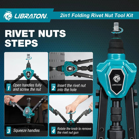 Two In One Rivet Nut Tool And Rivet Gun Kit Folding Heavy Duty Hand Tool With 11 Mandrels And 5 Nose Pieces Includes 100 Nuts And 200 Pop Rivets For DIY And Repair shown in operation