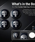 Image of Four Pcs Metal Fanged Skull Wheel Center Hub Caps Scratch Resistant Self Adhesive Protective Rim Covers in black and silver.