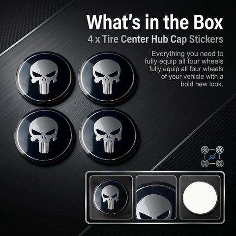 Image of Four Pcs Metal Fanged Skull Wheel Center Hub Caps Scratch Resistant Self Adhesive Protective Rim Covers in black and silver.