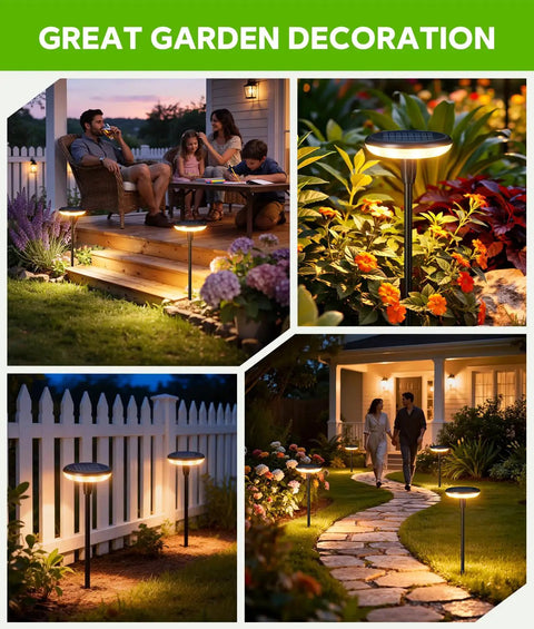Six Pack Solar Pathway Lights Outdoor Auto On Off Waterproof IP65 Garden Landscape Path Lights For Yard Lawn Patio Walkway Solar Powered Easy Install No Fuss Durable Lighting illuminating garden paths at night.