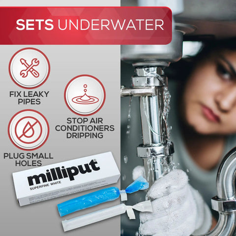 Superfine White Epoxy Putty Kit For Quick DIY Fixes No Fuss, 10 Piece Set with person repairing pipe using Milliput underwater.