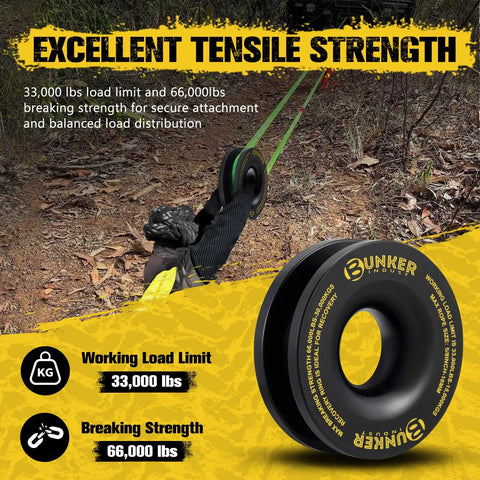 Heavy Duty Recovery Ring For Off Road Winching 66,000 Lbs Break Strength And 33,000 Lbs Working Load Limit, Works With Synthetic Rope And Soft Shackle, Universal Recovery Gear For SUV UTV ATV And Truck, black aluminum ring with rope