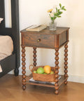 Mid Century Modern Nightstand With Drawer Rustic Walnut Finish And Spindle Wood Legs The Dope Compact Bedside End Table in bedroom