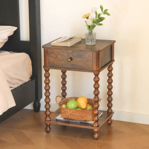 Mid Century Modern Nightstand With Drawer Rustic Walnut Finish And Spindle Wood Legs The Dope Compact Bedside End Table in bedroom
