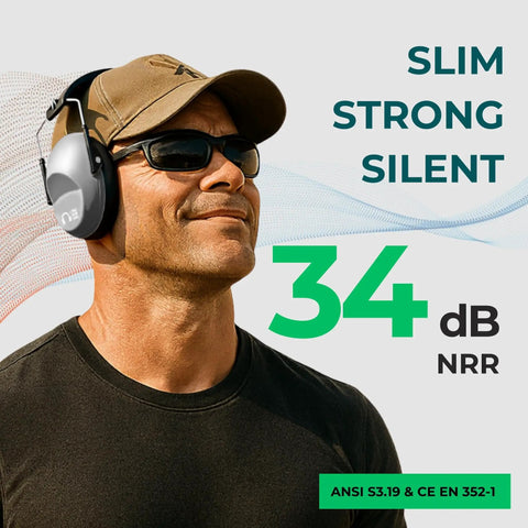 Person wearing 34 dB NRR hearing protection ear muffs for loud events and sensory use ultra slim and lightweight design