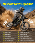 Heavy Duty 16000 Watt Electric Dirt Bike For Adults riding on rugged terrain with 19" and 18" off-road tires for enhanced grip.