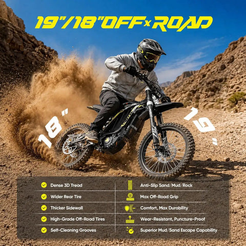 Heavy Duty 16000 Watt Electric Dirt Bike For Adults riding on rugged terrain with 19" and 18" off-road tires for enhanced grip.