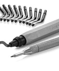 Badass Deburring Tool With Ten Spare Blades And Sharp Scribe Stored In A Rugged Zippered Case shows blades and scribe for precise metal work.