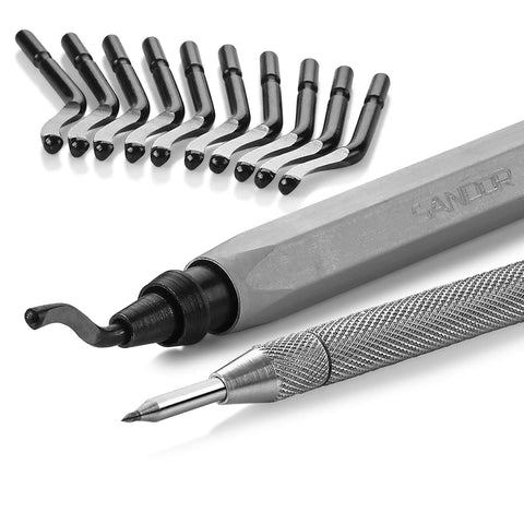Badass Deburring Tool With Ten Spare Blades And Sharp Scribe Stored In A Rugged Zippered Case shows blades and scribe for precise metal work.