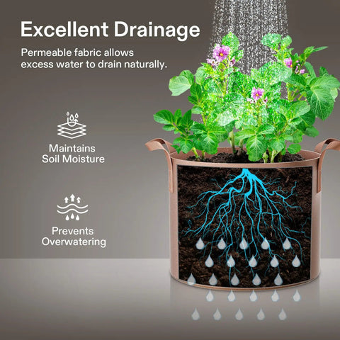 Five-Pack 10 Gallon Heavy Duty Nonwoven Grow Bags With Thickened Fabric And Rugged Strap Handles Tan For Air-Pruned Roots, Strong Drainage, Reusable Plant Pots showing excellent drainage with water pouring through soil.