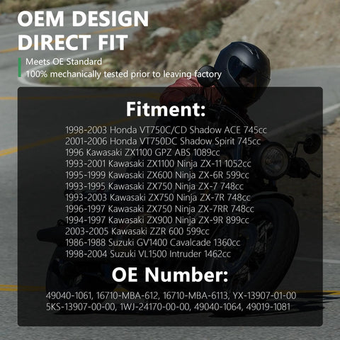 Motorcyclist riding on road with fitment and OE number details for Easy Swap Inline Fuel Pump 12V For Honda Shadow VT750 750 1998 To 2003 And CBR600F 1987 To 1990 Direct Fit Replacement With Two Fifth Inch Inlet And Outlet For Reliable Motorcycle Fuel Delivery.