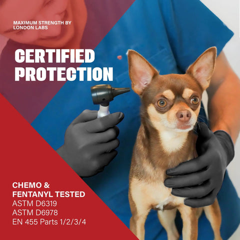 Built To Last Heavy Duty Black Nitrile Exam Gloves 4 Mil Thick Disposable And Powder Free Chemical Resistant Workhorse For Medical Emt And Mechanic Jobs Bulk Case Of One Thousand Count Grab These Bad Boys worn by a person examining a dog.