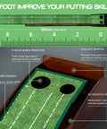 Diagram showing features of Portable Indoor Golf Putting Mat with Ball Included, wrinkle-free surface, solid wood, easy setup.