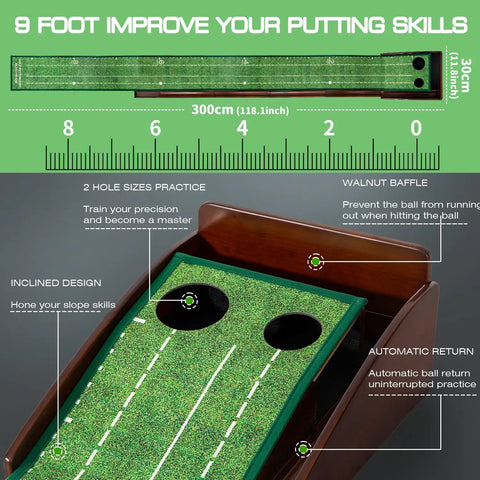 Diagram showing features of Portable Indoor Golf Putting Mat with Ball Included, wrinkle-free surface, solid wood, easy setup.