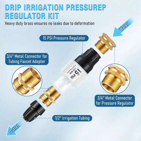 Two Pack Drip Irrigation Backflow Preventer And 15 PSI Pressure Regulator Kit with connectors and adapters visible