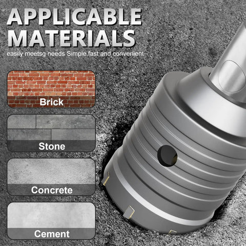 Pro-Grade 34-Piece Concrete Hole Saw Kit with Carbide Bits drilling brick, stone, concrete, and cement surface materials.