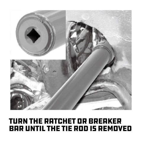 Close-up of Master Inner Tie Rod Removal Tool Kit 13 Pieces being used on a vehicle, focus on tool in action on tie rod.