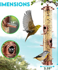 Outdoor Bird Feeder With Locking Lid And Chew Proof Metal Copper Finish, shown with feeding birds, dimensions 15x2.25 inches.
