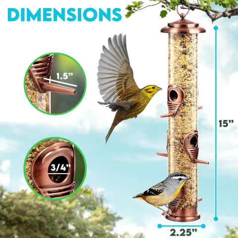 Outdoor Bird Feeder With Locking Lid And Chew Proof Metal Copper Finish, shown with feeding birds, dimensions 15x2.25 inches.