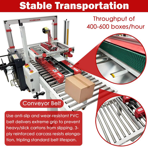 Automatic Carton Sealer And Strapping Machine For Shipping Boxes Dual Function Carton Tape Sealer High Speed Box Packing With No Sweat Operation And Big League Throughput Rating with conveyor belt system.