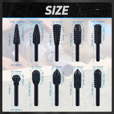 10 Pack Woodworking Twist Drill Bits Set with 6.3mm Shank, Durable 1045 Steel Black Oxide, 58mm Total Length shown with sizes