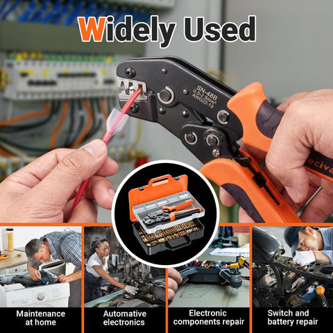 Spade Connector Crimping Kit With 28 Connector Types, 420 Spade Connectors And 270 Insulation Sleeves, AWG 22 To 13 Crimp Pliers Included in use