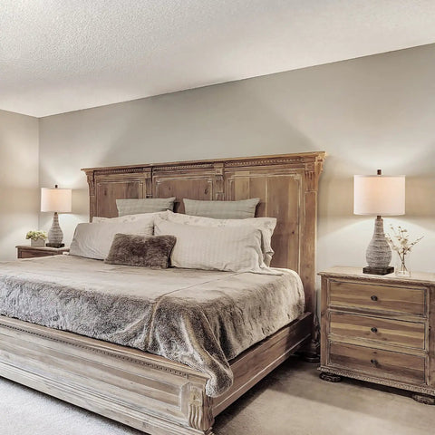 Bedroom with wooden bed frame and farmhouse table lamp set of 2 with 3-way touch control USB ports and AC outlet includes dimmable LED bulbs.