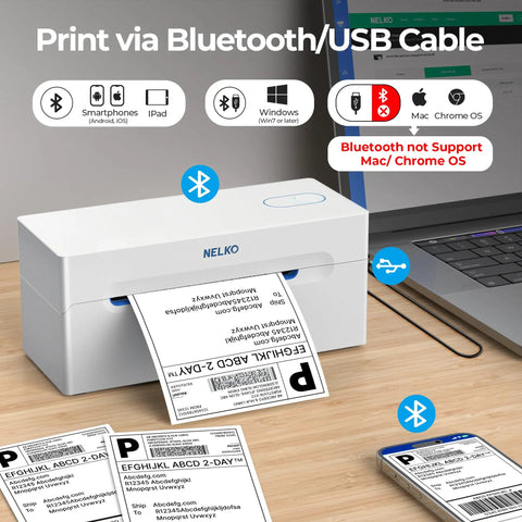 Bluetooth Thermal Shipping Label Printer For Small Biz Wireless 4x6 Label Printer That Works With IPhone Android Windows Great For Amazon eBay Shopify Etsy White next to laptop with printed label
