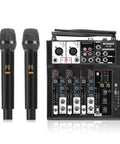 Dual wireless microphones with 4 Channel Audio Mixer for Karaoke and DJ Sessions, featuring Bluetooth MP3 USB and 48V Phantom Power.