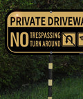 Ashoaza private driveway sign, aluminum 12x6, tan and black with No Trespassing/Turn Around and security camera icon