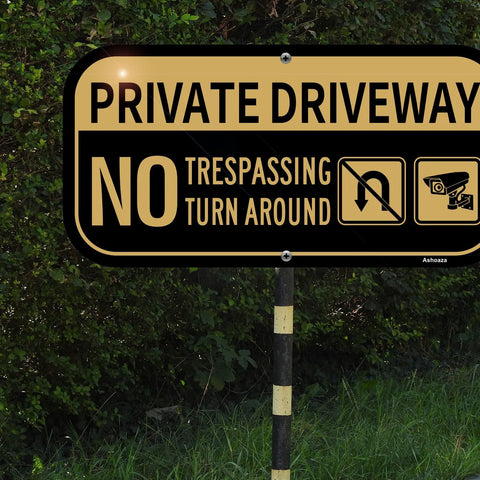 Ashoaza private driveway sign, aluminum 12x6, tan and black with No Trespassing/Turn Around and security camera icon