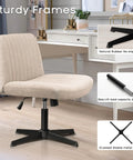 Criss Cross Chair For Home Office No Wheels Cross Legged Desk Chair With Swivel And Adjustable Height Mid Back Wide Comfy Fabric Seat Beige Modern Stylish Office Chair For Computer Desk shown with sturdy frame and cross-leg base.