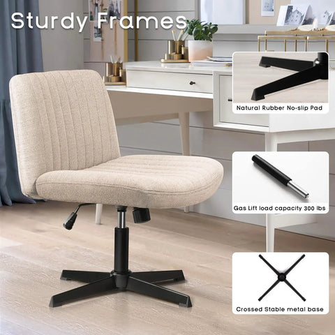 Criss Cross Chair For Home Office No Wheels Cross Legged Desk Chair With Swivel And Adjustable Height Mid Back Wide Comfy Fabric Seat Beige Modern Stylish Office Chair For Computer Desk shown with sturdy frame and cross-leg base.