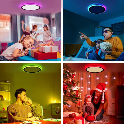 Dope RGB LED Flush Mount Ceiling Light With Remote Control, 13-Inch 24W 2400LM Dimmable Color Changing Fixture in different room settings