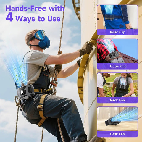 Person using Beast Mode Portable Waist Fan With 20000mAh Battery 5 Speeds Hands Free Belt Clip Fan on a worksite