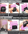 Instructions for re-inking and date-setting on Deadly Accurate Self Inking Date Stamp With Received Phrase Smooth Dual Blue Ink.