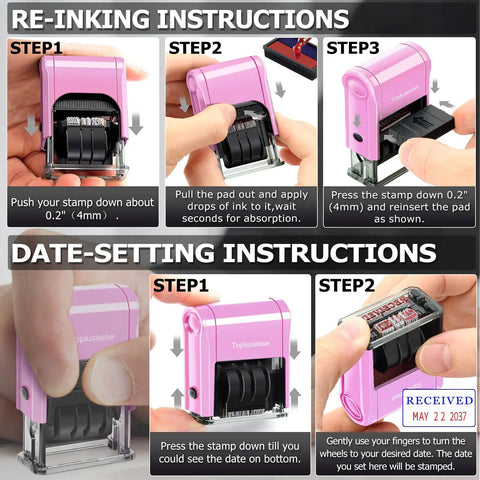 Instructions for re-inking and date-setting on Deadly Accurate Self Inking Date Stamp With Received Phrase Smooth Dual Blue Ink.