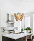 Wood Beaded Plug In Chandelier Lighting 1 Light Beaded Chandelier Boho Ceiling Fixture in modern kitchen setting