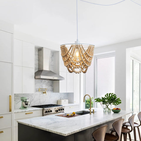 Wood Beaded Plug In Chandelier Lighting 1 Light Beaded Chandelier Boho Ceiling Fixture in modern kitchen setting