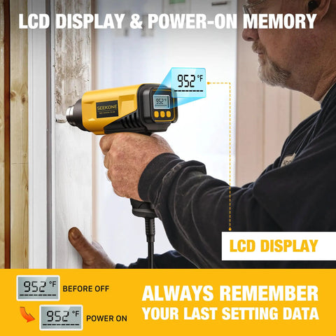 Person using 1800W Hot Air Heat Gun With LCD Display showing 952°F for crafting, emphasizing compact and variable temperature features.
