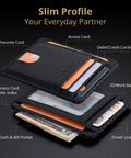 Ultra Slim Front Pocket RFID Blocking Leather Wallet For Men And Women In Carbon Fiber Black with card slots and cash pocket